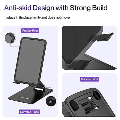 Ambrane Metallic Mobile Holder for All Smartphones, Tabs, Kindle, iPad Mobile Holding Tabletop Stand, 180 Perfect View, Height Adjustment, Foldable Design Twistand Pro