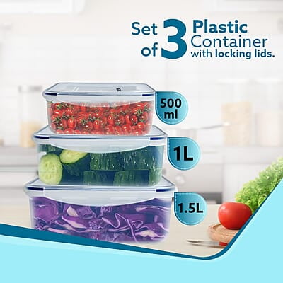 AGARO Airtight Container, Food Storage Container With Lid Capacity 500ML, 1L, 1.5L, Set of 3.