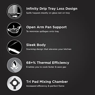 Preethi Luxe Pro 3 Burner Glass Top Gas Stove With Driptray Less Infinity Design