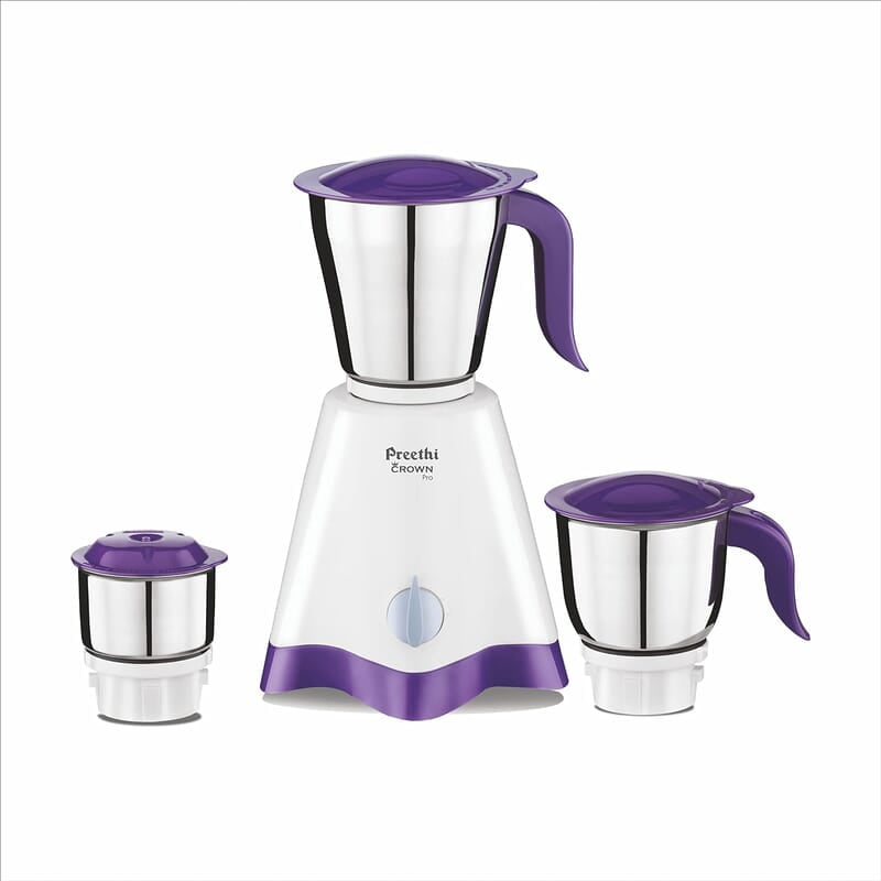 Preethi Crown Pro MG-254 Mixer grinder, 600 watt, White/Purple, 3 Jars with 5yr Motor Warranty & Lifelong Free Service