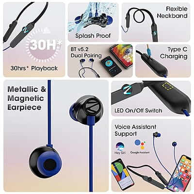 Zebronics Yoga N2 RGB Neckband with 30H Playtime, ENC Mic, Upto 50ms Gaming Mode, Powerful Bass, Voice Asst, IPX4, Dual Pairing, Type C Port, Bluetooth v5.2 Wireless in Ear Earphones with Mic