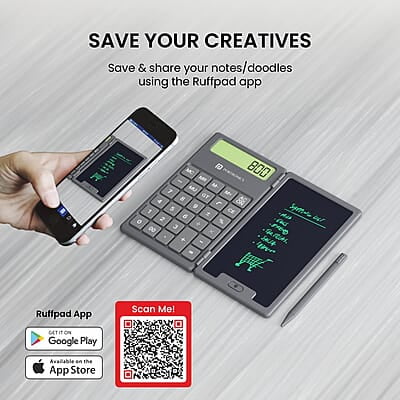 Portronics Ruffpad Calc 2-in-1 Calculator & LCD Writing Pad with 6.5 Inches Tablet, 12 Digits, Foldable Design, Stylus Pen for Students