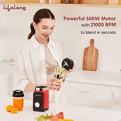 Lifelong Nutri Blender for Smoothies and Juices 500 Watts with 2 Jars - 100% Copper Motor Mixer Grinder Red
