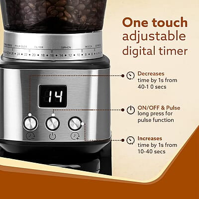 AGARO Supreme Coffee Grinder, Conical Burr Grinder, 31 Grinding Settings, Pulse Mode, Adjustable Digital Timer