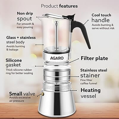 AGARO Imperial Moka Pot, Stovetop & Induction, Espresso Coffee, 240 Ml