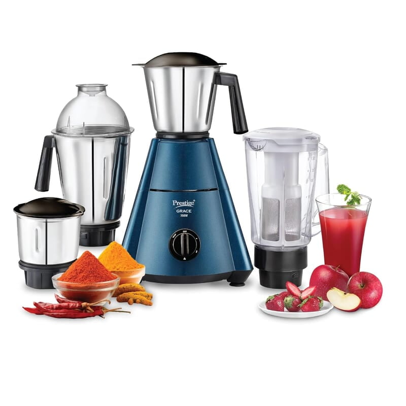 Prestige Grace 750W 4 Jars Mixer Grinder with 3 Stainless Steel Jars & 1 Juice Extracter Jar With Sieve