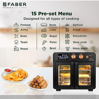 Faber Air Fryer Oven 25L, Digital Control, Bake Tray, SS Wire Tray & Basket, Crumb Tray, Rotisserie Kit
