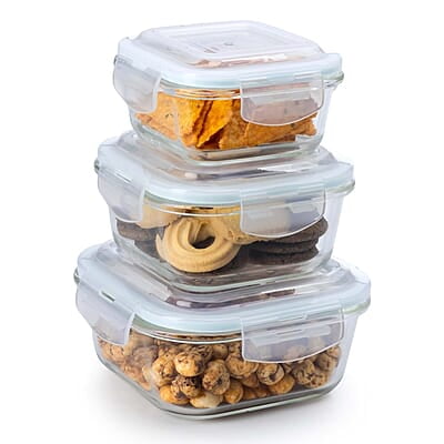 AGARO Borosilicate Glass Container with Lids, 3 pcs Set, 320ml, 520ml & 800ml Square