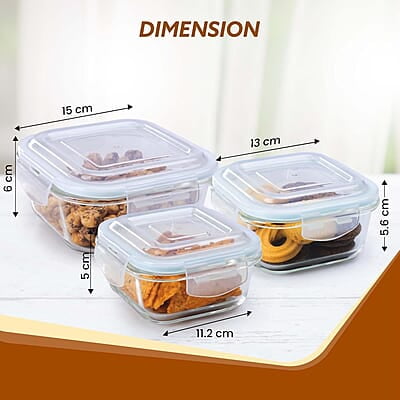 AGARO Borosilicate Glass Container with Lids, 3 pcs Set, 320ml, 520ml & 800ml Square