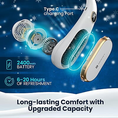 Portronics Gobreeze Portable Rechargeable Neck Fan, Upto 6 Hours Playtime, LED Display, Bladeless Fan, 4 Speed Mode, Adjustable Size, 360° Cooling Neck Fan, Noiseless Fan, Type C Fast Charging