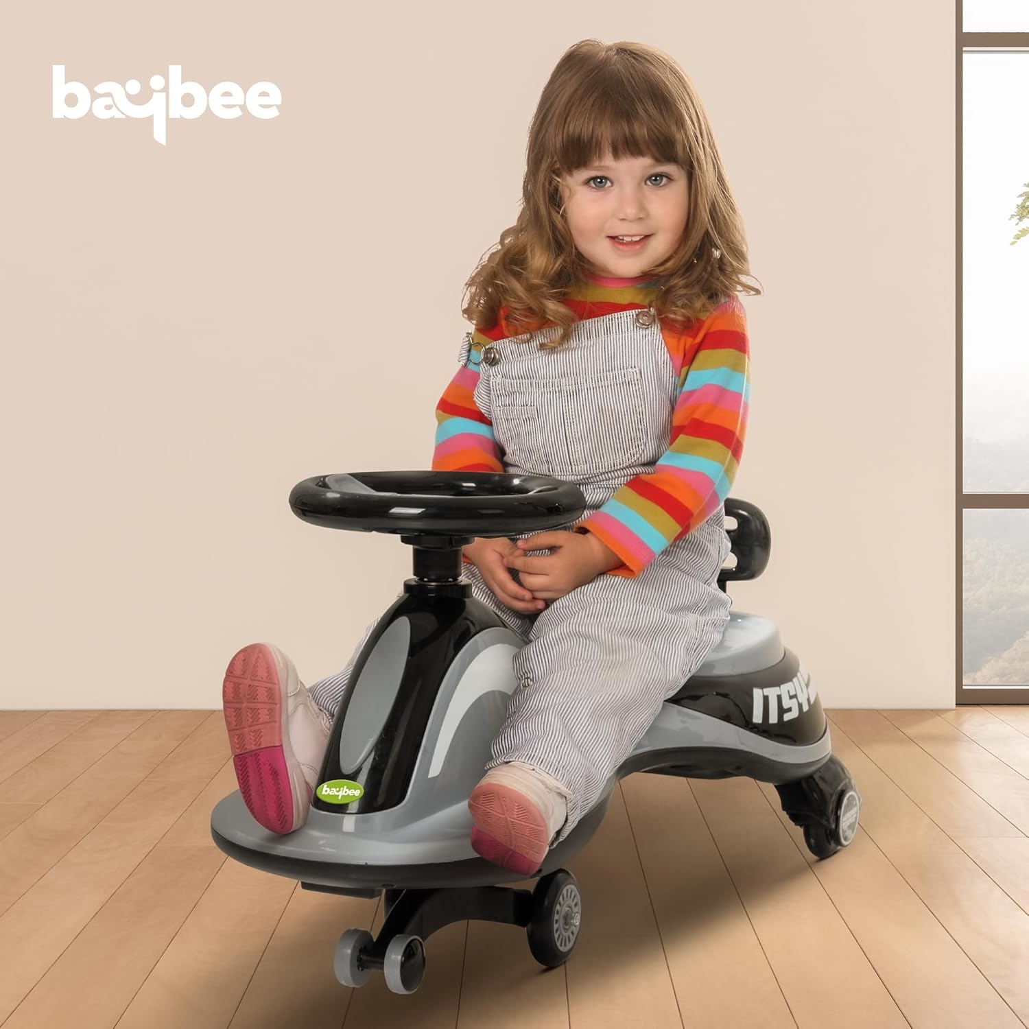 Baybee Pluto Kids Magic Swing Cars for Kids, with Led Lights, Scratch Free PP Wheels & Music-Black