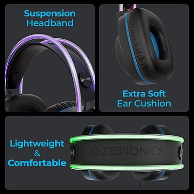 Zebronics Jet PRO Premium Wired Gaming On Ear Headphone with LED for Headband + earcups, 40mm Neodymium Drivers, 2 Meter Braided Cable, with mic, Suspension Design, 3.5mm + USB Connector