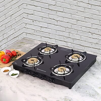 Wonderchef Glory 4 Burner Glass Cooktop, Black 8mm Toughened Glass Ergonomic Knobs Ergonomic Knobs