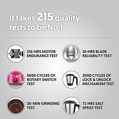 Preethi Galaxy MG225 Mixer Grinder, 750 watt, Pink, 3 Jars, Vega W5 Motor with 5yr Warranty & Lifelong Free Service