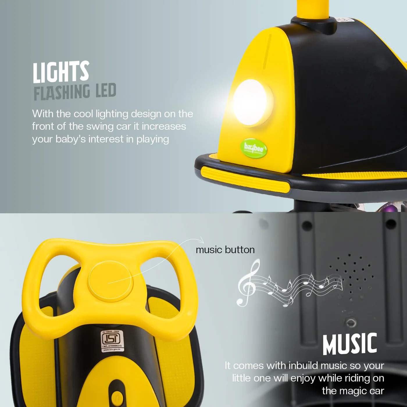 Baybee Nord Kids Magic Swing Car for Kids-Black/Yellow