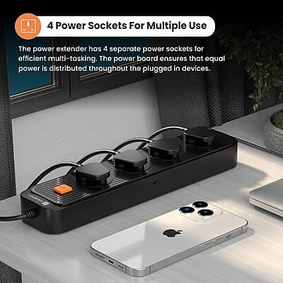 Portronics Power Plate 12 Extension Board with 4 Universal Sockets, 2 Meter Long Cord, 1500 Watt, Fireproof Material