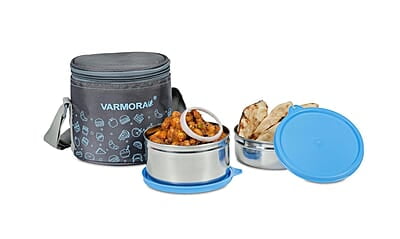 Varmora SS Executive Printed Assorted Stainless Steel Tiffin Lunch Box for Office Set of 2 Containers (390 ml and 520 ml)