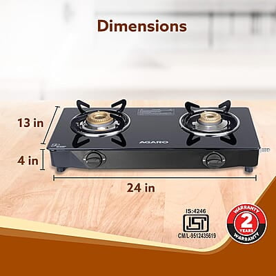 AGARO Elite 2 Burners Gas Stove, Toughened Glass Top, Round Brass Burners, 1 Small & 1 Medium Size Burner AGARO Elite 2 Burners Gas Stove, Toughened Glass Top, Round Brass Burners, 1 Small & 1 Medium Size Burner