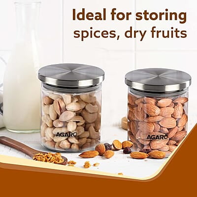 AGARO Elite Borosilicate Glass Jar 600 ml, Round Shaped, Steel Lid Pack of 2