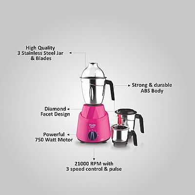 Preethi Galaxy MG225 Mixer Grinder, 750 watt, Pink, 3 Jars, Vega W5 Motor with 5yr Warranty & Lifelong Free Service
