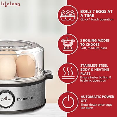 Lifelong Egg Boiler 360-Watt (Transparent and Silver Grey), Boil 7 eggs
