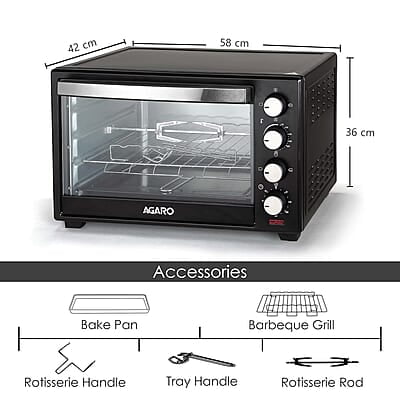 AGARO Marvel 48 Liters Oven Toaster Griller, Motorised Rotisserie and Convection Cake Baking OTG with 3 Heating Mode, (Black).