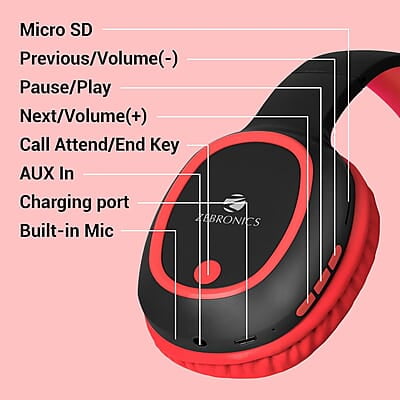 ZEBRONICS Thunder Bluetooth 5.3 Wireless Over ear Headphones with 60H Backup, Gaming Mode, Dual Pairing, ENC, AUX, Micro SD, Voice Assistant, Comfortable Earcups, Call Function