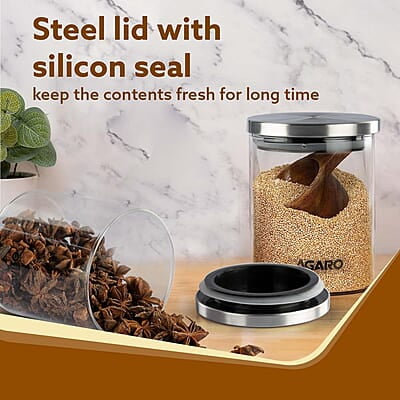 AGARO Elite Borosilicate Glass Jar 600 ml, Round Shaped, Steel Lid Pack of 2