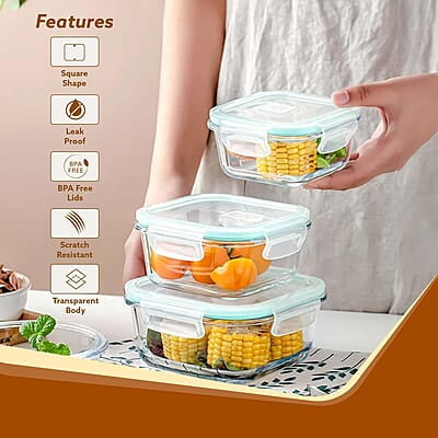 AGARO Borosilicate Glass Container with Lids, 3 pcs Set, 320ml, 520ml & 800ml Square