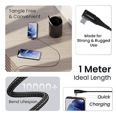 Ambrane Type C Mobile Charging Cable 3A Fast Charging, 1 Meter, L Shaped Braided Cable, 480Mbps