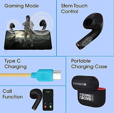 Zebronics SOUND BOMB 9 Semi in ear Bluetooth v5.2 TWS earbuds with 16H backup, ENC Calling, Gaming mode (Upto 50ms), Voice assistant, Flash connect, Silicone case, Splash proof and Type C