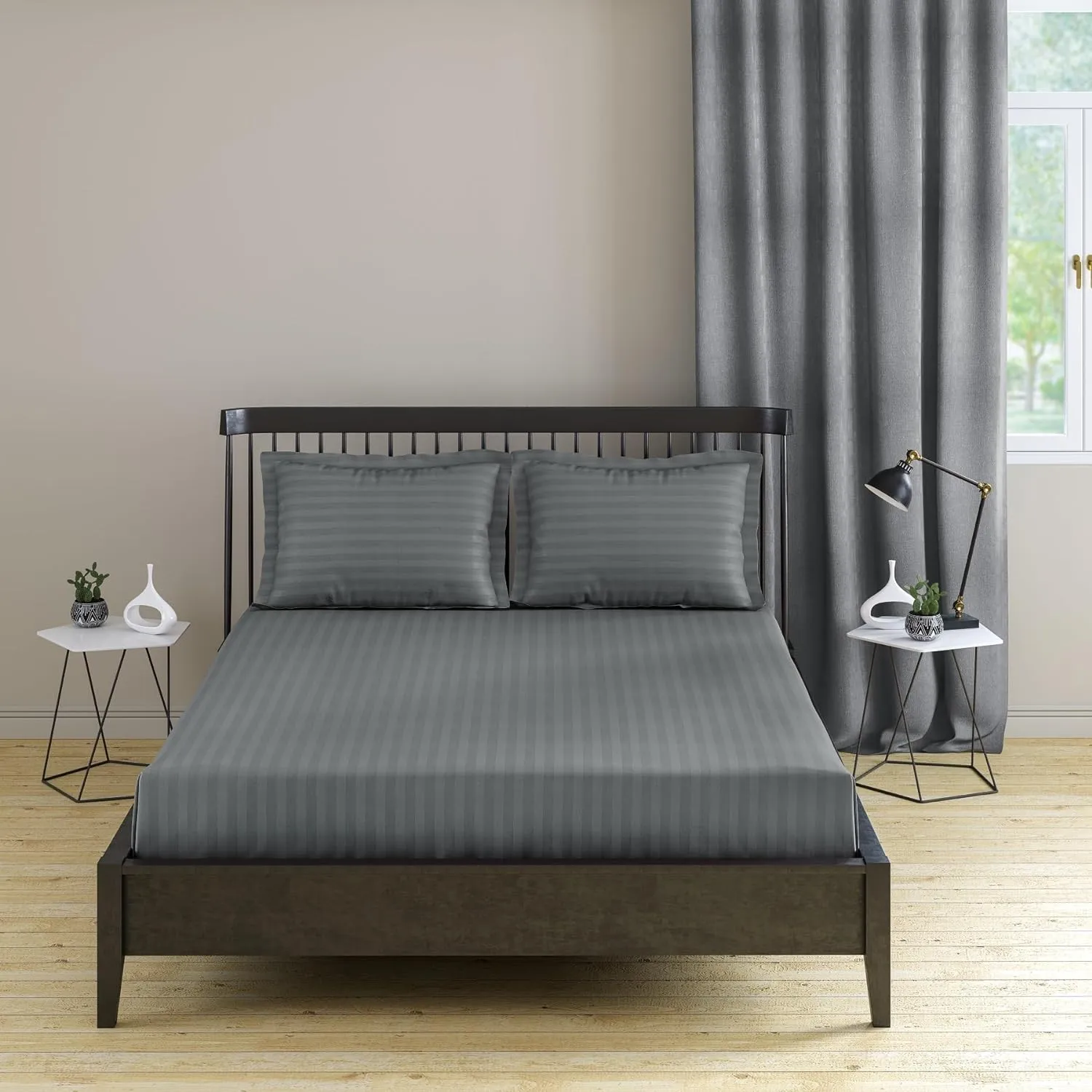 Bedsheet (Fitted) Glace Cotton 300 TC - Striped - Steel Grey Bedsheet (Fitted) Glace Cotton 300 TC - Striped - Steel Grey