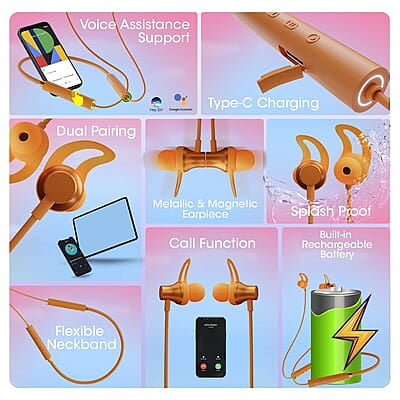 ZEBRONICS Yoga 9 with 45 Hours Backup, Bluetooth v5.2 Wireless Neckband, ENC Calling, Gaming Mode (Upto 50ms), Voice Assistant, Dual Pairing, Splash Proof and Type C