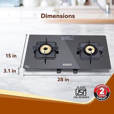 AGARO Regency 2 Burners Gas Stove, Toughened Glass Top, Brass Burners, 1 Small & 1 Medium Size Burner