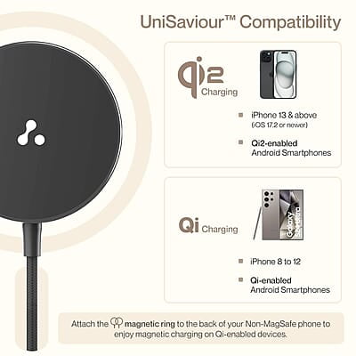 Ambrane 15W Qi-2 & Magsafe Wireless Charger with 60W Type C Cable for iPhone 15/15 Pro/15 Pro Max,iPhone 14/14 Pro/14 Pro Max,iPhone 13/12,Samsung & Other Qi-2 Device + Magnetic Ring