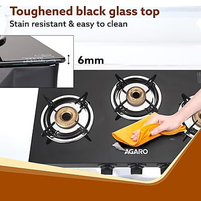 AGARO Elite 3 Burners Gas Stove, Toughened GlassTop, Round Brass Burners, 1 Small, 1 Medium & 1 Big Size Burner