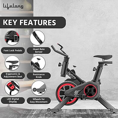Lifelong LLESB99 Exercise Spin Fitness Bike with 6kg Flywheel Adjustable Resistance LCD Monitor & Heart Rate Sensor for Fitness at Home