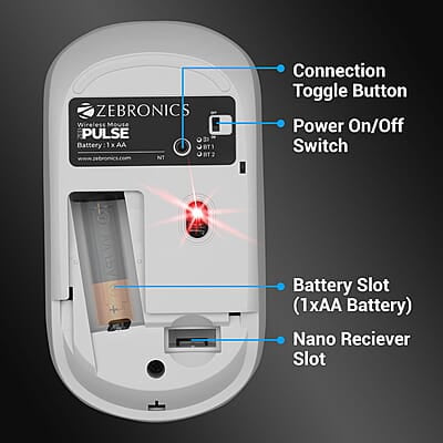 ZEBRONICS Pulse Wireless Mouse, Multi Connectivity, Dual Bluetooth, for Mac, Laptop, Computer, Tablet, 2.4GHz, 1200 DPI, Comfortable & Lightweight
