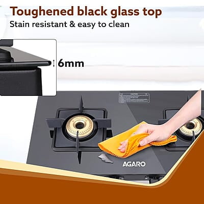 AGARO Regency 2 Burners Gas Stove, Toughened Glass Top, Brass Burners, 1 Small & 1 Medium Size Burner