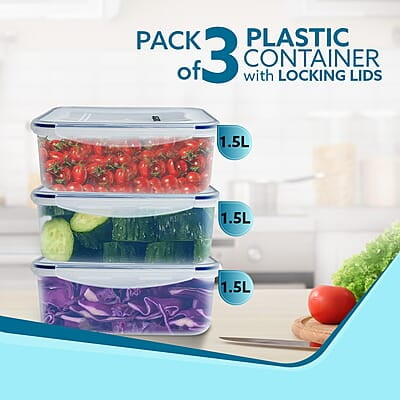 AGARO Airtight Container, Food Storage Container With Lid Rectangular Plastic Body, BPA Free, 1.5L, Pack of 3