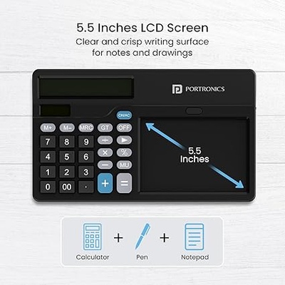 Portronics Ruffpad Calc 2 2-in-1 Calculator & LCD Writing Pad with 14.4 cm Writing Area, Multi Function Digital Calculator Stylus Pen for Students, Birthday Gift, Kids Toys, School, Office(Black) Portronics Ruffpad Calc 2 2-in-1 Calculator & LCD Writing Pad with 14.4 cm Writing Area, Multi Function Digital Calculator Stylus Pen for Students, Birthday Gift, Kids Toys, School, Office(Black)
