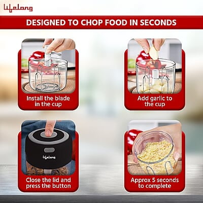 Lifelong USB Rechargeable Wireless Electric Chopper with Stainless Steel Blades 250 ML (Black) 30 Watts