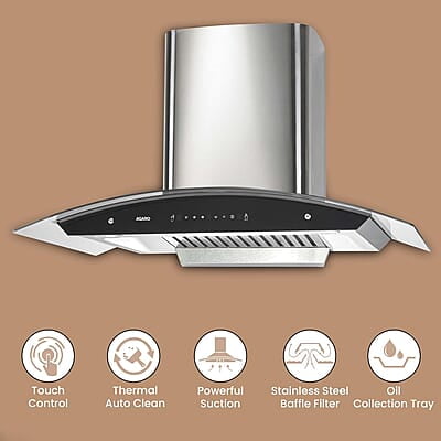 AGARO Grand Kitchen Chimney 90 cm 1200 m3/hr Auto-Clean Curved Glass Kitchen Hood AGARO Grand Kitchen Chimney 90 cm 1200 m3/hr Auto-Clean Curved Glass Kitchen Hood