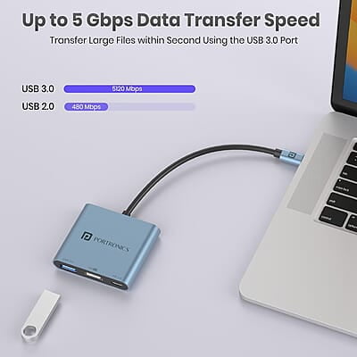 Portronics C-Konnect Plus Type-C to HDMI Adapter (3-in-1), Multiport USB-C Hub with 4K / 30Hz HDMI, USB 3.0 @ 5Gbps, 100 W PD Charging for Laptop, MacBook, PC