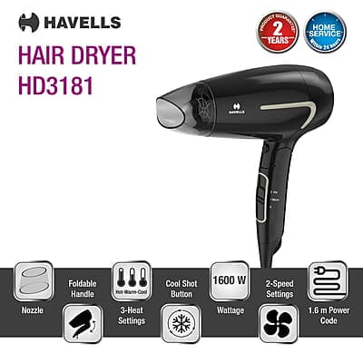Havells 1600W Unisex Foldable Hair Dryer 3 Heat Settings (Hot/Warm/Cold)