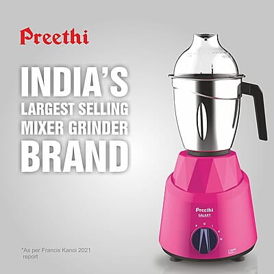 Preethi Galaxy MG225 Mixer Grinder, 750 watt, Pink, 3 Jars, Vega W5 Motor with 5yr Warranty & Lifelong Free Service
