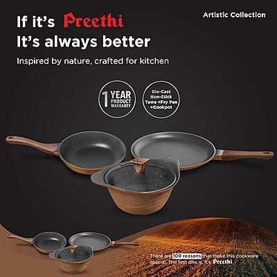 Preethi Artistic Collection Die Cast Non Stick Set, 27 cm Tawa, 24 cm Fry Pan, Kadai 24 cm with Glass Lid Preethi Artistic Collection Die Cast Non Stick Set, 27 cm Tawa, 24 cm Fry Pan, Kadai 24 cm with Glass Lid