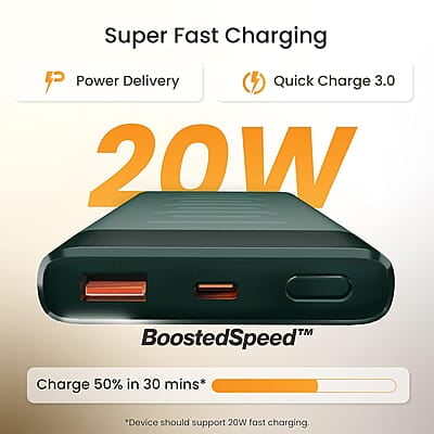 Ambrane 10000mAh Slim Power Bank, 20W Fast Charging, Dual Output, Type C PD (Input & Output), Quick Charge