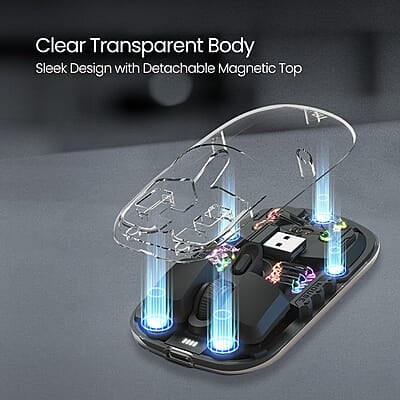 Portronics Toad 5 Transparent Bluetooth Mouse with 2.4 GHz & BT 5.3 Dual Wireless, Rechargeable, RGB Lights, Connect 3 Devices, Sleek Design for Laptop, Smartphone, Tablet