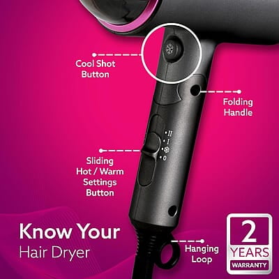 AGARO HD-1214 Premium Hair Dryer with 1400 Watts Motor, 3 Temperature Settings & Cool Shot
